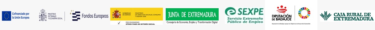 Unión Europea; Ministerio de Trabajo y Economía Social; Fondos Europeos; Ministerio de Derechos Sociales, Consumo y Agenda 2030; Junta de Extremadura; SEXPE; Diputación de Badajoz y Objetivos de Desarrollo Sostenible; Caja Rural de Extremadura